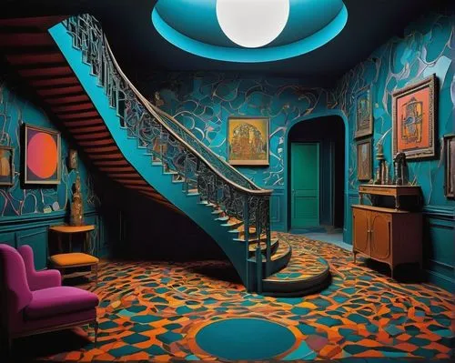 staircase,blue room,hallway,magic castle,stairwell,ornate room,3d fantasy,suspiria,stairway,victorian room,staircases,woodring,the little girl's room,upstairs,great room,an apartment,children's room,outside staircase,hotel hall,corridors,Illustration,Abstract Fantasy,Abstract Fantasy 04