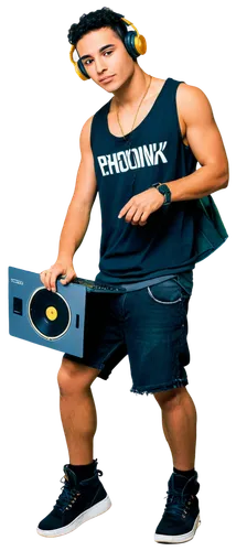 Young DJ, Brazilian Phonk music, headphones, gold chain, black tank top, ripped jeans, sneakers, laptop, MP3 player, vinyl records, colorful background, low-angle shot, dramatic lighting, 3/4 composit