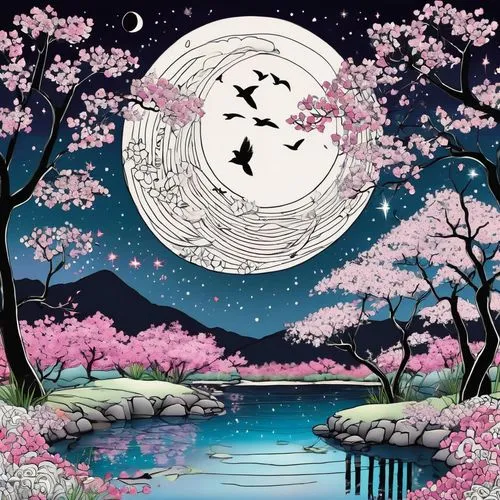 japanese sakura background,sakura background,moon and star background,hanami,takahata,japanese floral background,Illustration,Black and White,Black and White 05