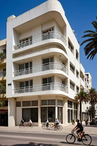 Bauhaus building, Tel Aviv, Israel, 1930s style, white concrete walls, horizontal windows, rounded balconies, ornate metal railings, minimal ornamentation, clean lines, urban setting, cityscape, Medit