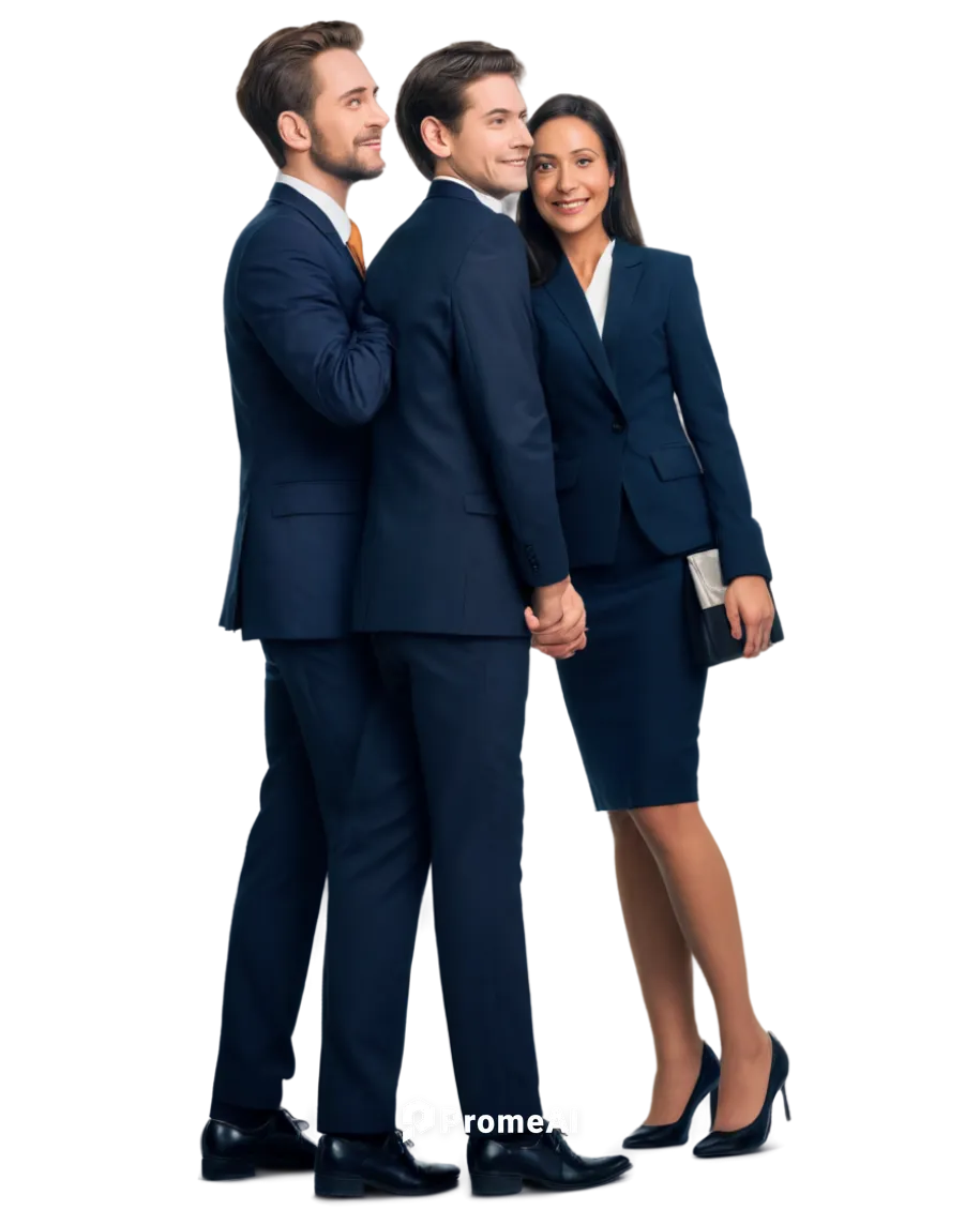 Two adults, partners, holding hands, standing back to back, suits, ties, formal wear, gentle facial expression, subtle smile, soft gaze, warm lighting, shallow depth of field, cinematic composition, p