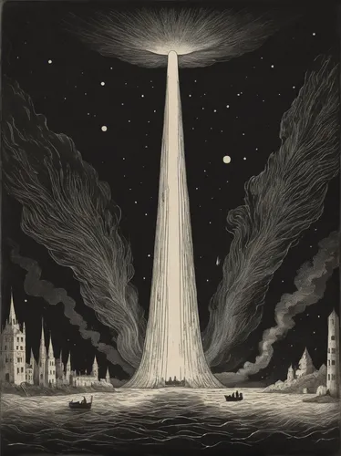 spire,iapetus,obelisk,the pillar of light,wherry,tower of babel,lightship,electric lighthouse,atomic age,tobacco the last starry sky,steeple,searchlights,stalagmite,aurora-falter,lighthouse,pillar of fire,walpurgis night,beacon,pall-bearer,perseids,Illustration,Black and White,Black and White 23