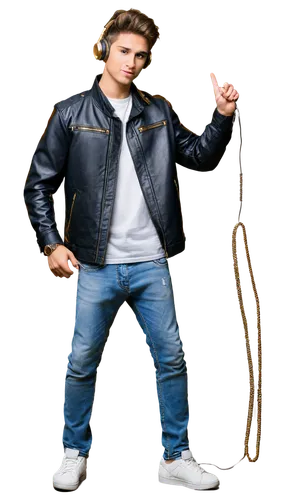 DJ, young man, headphones, gold chain, black leather jacket, white T-shirt, jeans, sneakers, microphone, turntable, vinyl records, speakers, studio setting, dark background, spotlight on DJ, 3/4 compo