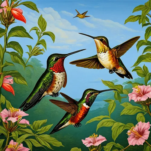 Write a scientific article about the migration patterns of hummingbirds.,hummingbirds,humming bird pair,cuba-hummingbird,humming birds,tropical birds,flower and bird illustration,bird hummingbird,humm