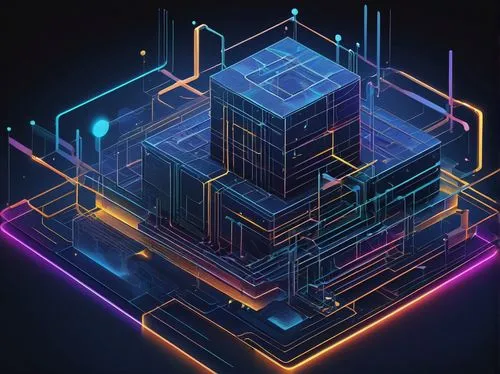 Technical diagram, neural network architecture, colorful boxes, lines connecting nodes, 3D visualization, futuristic glowing effect, dark blue background, subtle grid pattern, elegant fonts, detailed 