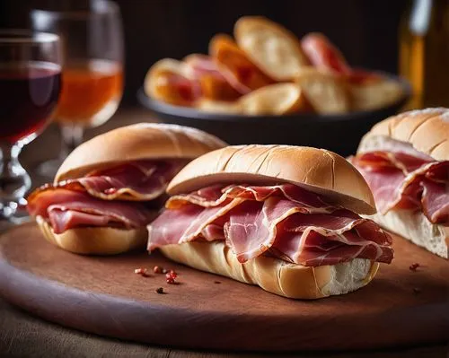  Traditional Spanish Bocadillos with Iberico Jamon,two submarine sandwiches are cut in half on a wooden plate,bacon rolls,salami bread,jambon,pastrano,bacchetta,mortadella,Photography,General,Cinemati