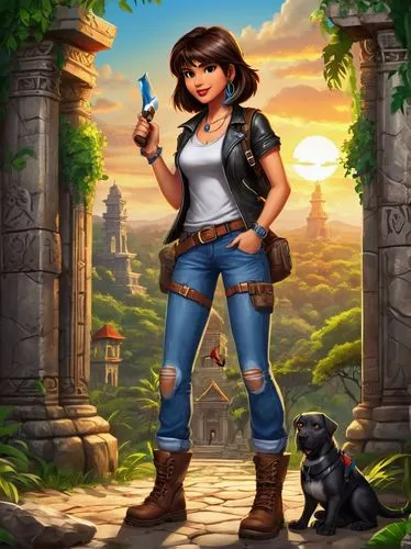 game illustration,rosa ' amber cover,zookeeper,lara,action-adventure game,girl with gun,sci fiction illustration,adventurer,book cover,android game,game art,indiana jones,girl with a gun,mobile game,adventure game,biologist,mountain guide,mystery book cover,cg artwork,veterinarian,Unique,Pixel,Pixel 05