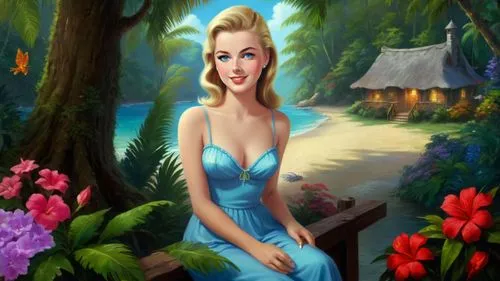 Romantic masterpiece oil painting, cute girl portrait, nostalgic 1950's style kitsch, vibrant rainforest landscape, lush tropical jungle paradise, summer beach cottage scenery, by Thomas Kinkade, by B