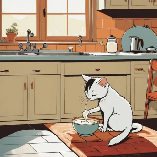 cat drinking tea,cat drinking water,chomet,cat cartoon,domestic cat,cartoon cat,Illustration,Children,Children 02