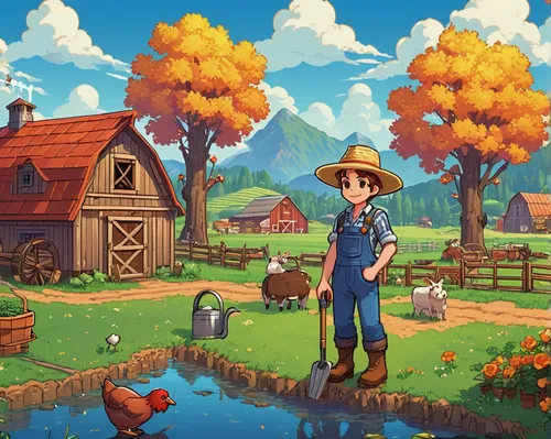 farmer in the woods,farmer,farm background,heidi country,farm,rural,farms,farm set,the farm,agricultural,farming,farm pack,farm landscape,game illustration,agriculture,farm yard,country side,farm girl,idyllic,farmstead,Illustration,Children,Children 04