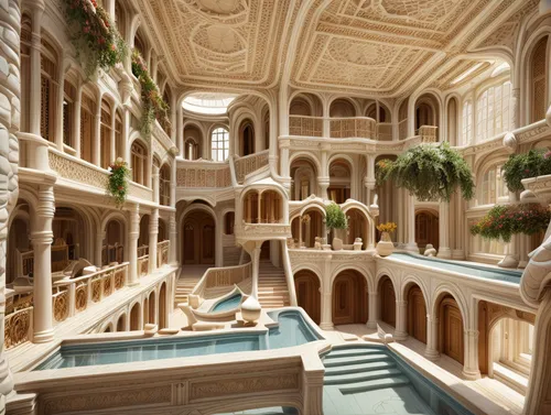 marble palace,venetian hotel,thermal bath,roman bath,alcazar of seville,luxury property,luxury hotel,riad,classical architecture,asian architecture,water castle,medieval architecture,3d rendering,mansion,ancient roman architecture,emirates palace hotel,luxury real estate,3d fantasy,architecture,jewelry（architecture）