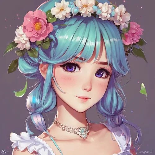 A cute anime girl with a flower crown pfp,flower crown,spring crown,hydrangeas,hydrangea,floral wreath,blooming wreath,mint blossom,summer crown,flower fairy,hydrangea background,blue hydrangea,fiori,