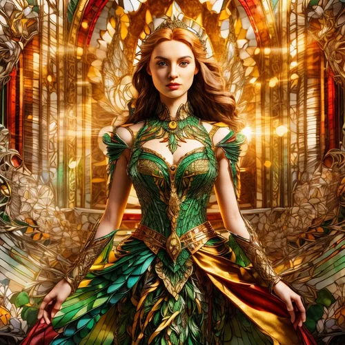 celtic queen,fantasy picture,fantasy portrait,the enchantress,fantasy art,fantasy woman,fairy queen,cg artwork,goddess of justice,fae,queen of the night,queen cage,golden crown,fairy tale character,background ivy,cinderella,fairy peacock,loki,vanessa (butterfly),queen of liberty