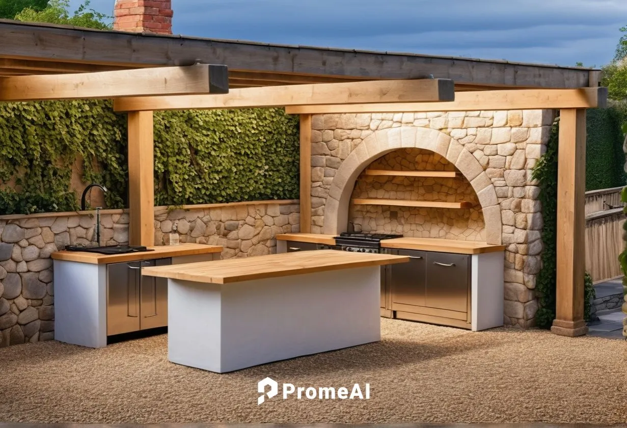 Front wall of an outdoor kitchen,pizza oven,masonry oven,stone oven,stone oven pizza,dog house frame,outdoor grill,outdoor table,brick oven pizza,barbecue area,cannon oven,outdoor dining,outdoor furni