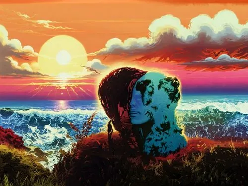 an artistic scene with people on top of a hill,sedensky,moebius,viewing dune,takahata,zatoichi,murakami,Illustration,Realistic Fantasy,Realistic Fantasy 25