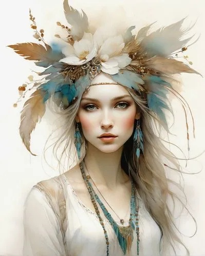 feather headdress,headdress,faery,indian headdress,feather jewelry,faerie,headpiece,fairy queen,beautiful bonnet,suit of the snow maiden,adornments,boho art,laurel wreath,bridal accessory,dryad,white feather,the snow queen,white rose snow queen,white lady,white bird,Illustration,Realistic Fantasy,Realistic Fantasy 16