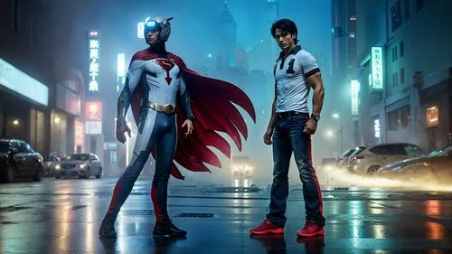 two men standing in the rain with a superman costume,superhero background,elseworlds,miraculous,azzarello,vigilantes,ultraman