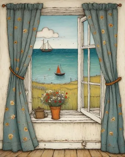 window with sea view,seaside view,seaside country,window treatment,bedroom window,landscape with sea,sea view,french windows,window curtain,window valance,sea landscape,nautical bunting,window to the world,the window,motif,beach hut,window front,sash window,vincent van gough,window covering,Art,Artistic Painting,Artistic Painting 49