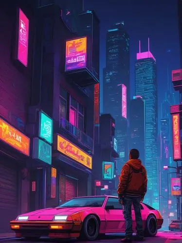 cyberpunk,80s,neon,neon arrows,aesthetic,cityscape,tokyo city,colorful city,urban,dusk,80's design,futuristic,suburb,tokyo,neon lights,neon ghosts,vapor,toyota ae85,neon light,neon colors,Illustration,Realistic Fantasy,Realistic Fantasy 30