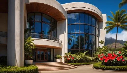 Honolulu architecture, modern Hawaiian style building, curved lines, white walls, large windows, sliding glass doors, tropical plants, palm trees, blooming hibiscus flowers, sunny day, blue sky with f