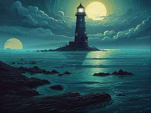 an image of the lighthouse by moonlight painting,lighthouse,electric lighthouse,lighthouses,light house,phare,sea night,Illustration,Realistic Fantasy,Realistic Fantasy 25