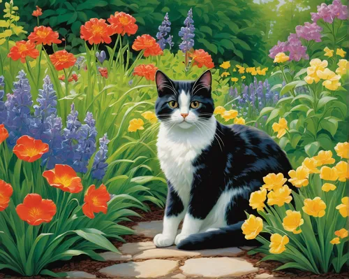 flower cat,flower animal,springtime background,flower painting,calico cat,tommie crocus,spring background,cat image,cat european,cat vector,flower background,splendor of flowers,flower garden,cat,magpie cat,cat portrait,spring flowers,flower bed,cottage garden,pet portrait,Art,Classical Oil Painting,Classical Oil Painting 15