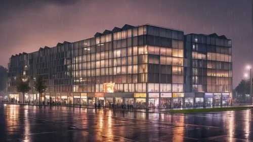 in a crowded urban with many cars and peoples nearby a park. a great mall in ground floor.at rainy night,elbphilharmonie,bydgoszcz,kamppi,hötorget,croydon facelift,appartment building,espoo,philharmon