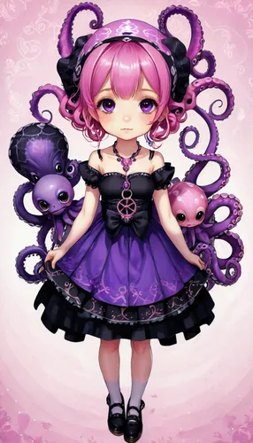 patchouli,malva,medusa gorgon,acerola,veil purple,incarnate clover,medusa,precious lilac,violet,haunebu,purple anemone,tumbling doll,purple chrysanthemum,rosa 'the fairy,chibi girl,anemone hupehensis september charm,cnidaria,purple and pink,gorgon,ganmodoki,Illustration,Realistic Fantasy,Realistic Fantasy 12