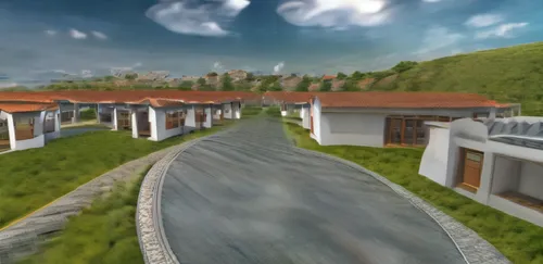 Un leve movimiento que muestre que muestre arquitectonicamente la fachada ,a rendering view of a street in front of some buildings,virtual landscape,3d rendering,blocks of houses,townhouses,row of hou