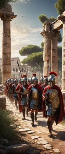 Roman legionaries in battle formation, heavy armor, red cloaks, galea helmets, scutum shields, gladius swords, pilum javelins, disciplined, marching, ancient Roman architecture, Colosseum, marble colu