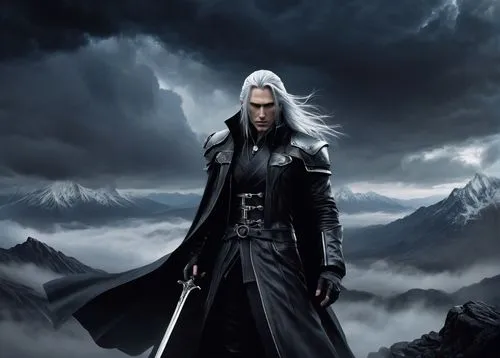 Sephiroth, villain, dark, brooding, detailed eyes, white hair, black coat, silver buckle, intricate sword, dramatic lighting, clouds, stormy weather, mountain range, misty atmosphere, cinematic compos