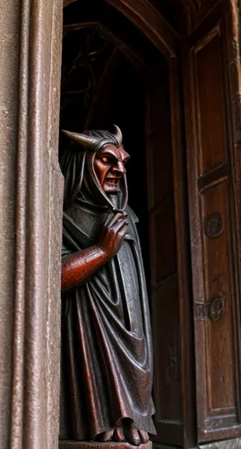 Slightly sinister and scarey effigy of a demon or devil in a French church (like Rennes le Chateau), Medieval, vivid colors.,church door,doorway,main door,woman praying,praying woman,door knocker,fron