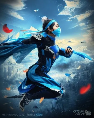 wearing a blue face mask,blue enchantress,flying girl,skyflower,world digital painting,cg artwork,avatar,fantasia,blue rose,winterblueher,sci fiction illustration,skydiver,baguazhang,wushu,blue bird,m