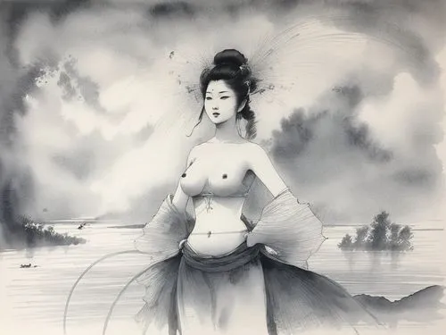 guanyin,ugetsu,kuanyin,avalokitesvara,geisha girl,geisha,nembutsu,dakini,kuangyin,jianyin,maiko,avalokiteshvara,kunqu,japanese woman,benzaiten,the sea maid,water lotus,shakyamuni,oiran,zuoying,Illustration,Paper based,Paper Based 30