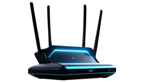 Wireless router, multiple screens, futuristic design, glowing blue lights, sleek metal body, intricate circuitry, network cables, 3D motherboard, shimmering LED indicators, low-angle shot, cinematic l