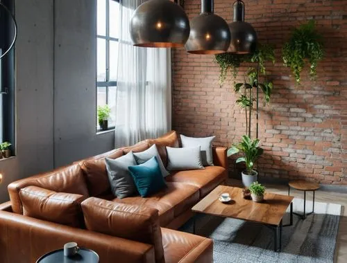 living room with huge window in qn industrial design with a realistic rendering.,this couch has several pillows on it and is by a brick wall,apartment lounge,modern decor,loft,contemporary decor,lofts