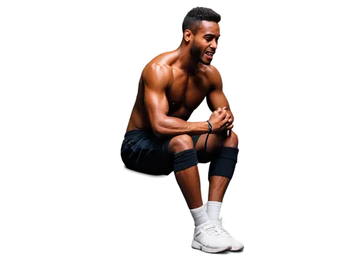 Bruised black skin, wounded leg, masculine, athletic build, muscular calf, scraped knee, bandaged shin, sportswear, sweatpants, white socks, worn-out sneakers, sitting on floor, clenching teeth in pai