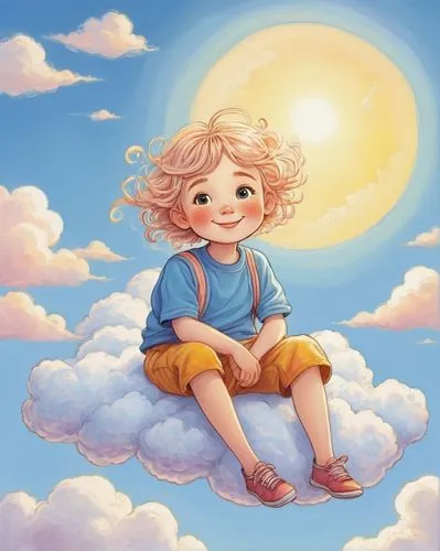 Simple cartoon style, happy smiling face, big shiny eyes, colorful hair clips, casual wear, relaxed posture, sitting on a cloud, soft fluffy clouds, bright blue sky, gentle sunbeams, warm atmosphere, 