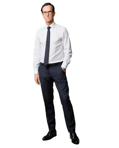 Middle-aged man, business attire, standing, confident posture, glasses, short black hair, stern facial expression, white dress shirt, black tie, black suit, hands in pockets, leather shoes, luxurious 