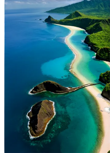 Bali Island, tropical landscape, palm trees, volcanic beach, crystal clear turquoise water, coral reef, rocky coastline, lush green vegetation, exotic flowers, sunny day, dramatic clouds, aerial view,