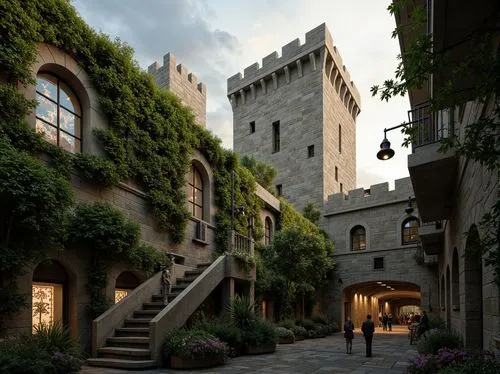 Majestic towers, medieval architecture, rustic stone walls, ivy-covered turrets, grandeur scale, misty atmospheric effects, soft warm lighting, dramatic shadows, vibrant greenery, blooming flowers, wi