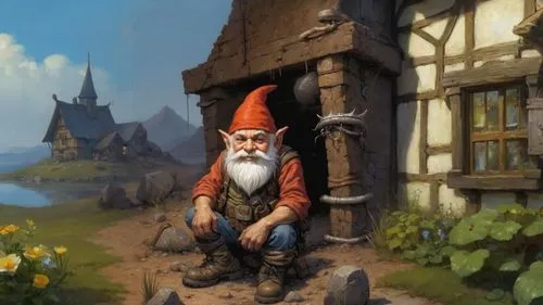 a painting shows an gnome sitting outside a building,gnome,gnomes,gnomish,scandia gnomes,tomte,valentine gnome