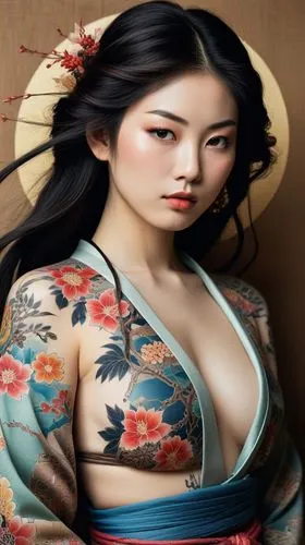 for image generation: "Create an illustration in the traditional Japanese art style of a woman with long, dark hair. Her body should be partially covered in colorful, intricate tattoos featuring flora