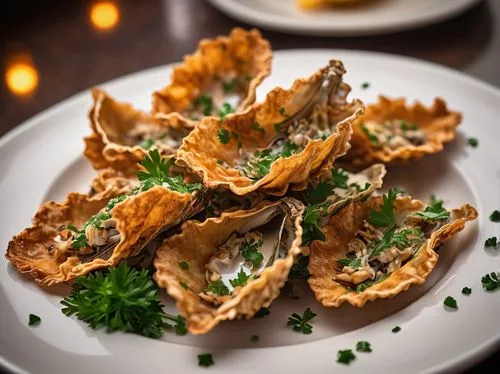 Crispy fried oyster skins, golden brown color, delicate texture, sprinkled with parsley flakes, served on a white ceramic plate, dim restaurant lighting, blurred background, shallow depth of field, mo