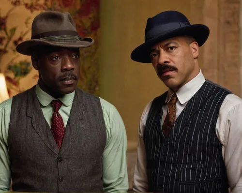 . BOARDWALK EMPIRE episode 39 (season 4, episode 3): Michael Kenneth Williams, Jeffrey Wright. photo: Macall B. Polay,sherlock holmes,oddcouple,gentleman icons,wright brothers,men's hats,stovepipe hat