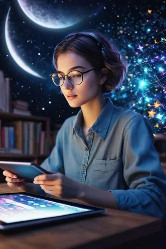 girl studying,girl at the computer,sci fiction illustration,night administrator,librarian,world digital painting,astronomer,programadora,graphics tablet,computer addiction,siri,astronomers,girl drawing,computer art,bookstar,computer graphic,reading magnifying glass,illustrator,intellipedia,computer graphics,Art,Classical Oil Painting,Classical Oil Painting 36