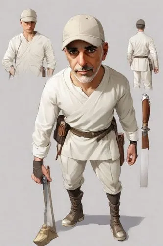 épée,gandhi,golfer,cricket helmet,french foreign legion,cricket umpire,ho chi minh,bapu,chef,admiral von tromp,a carpenter,model train figure,3d figure,chef's uniform,game figure,elderly man,the sandpiper general,janitor,carpenter,brown sailor,Digital Art,Character Design