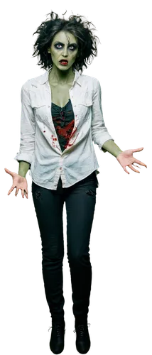 Undead zombie, green skin, tattered clothes, ripped shirt, black pants, bloody wounds, messy hair, pale eyes, gruesome makeup, aggressive posture, arms outstretched, walking, horror theme, dark ambien