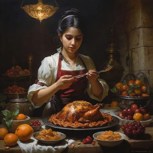 woman holding pie,girl in the kitchen,girl with bread-and-butter,cornucopia,woman eating apple,girl picking apples,marroni,sicilian cuisine,cookery,italian painter,empanadas,artisan,food and cooking,confectioner,gastronomy,empanada,cooking book cover,persian norooz,mediterranean cuisine,oil painting,Conceptual Art,Fantasy,Fantasy 13