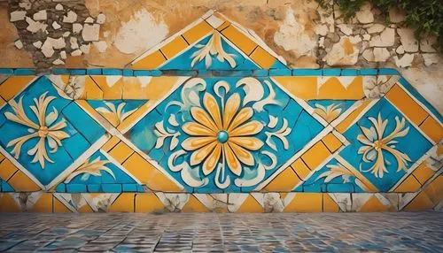 Ancient European architectural element, intricately designed ceramic tile, golden yellow and turquoise blue hues, ornate patterns, floral motifs, geometric shapes, glossy finish, textured surface, lai